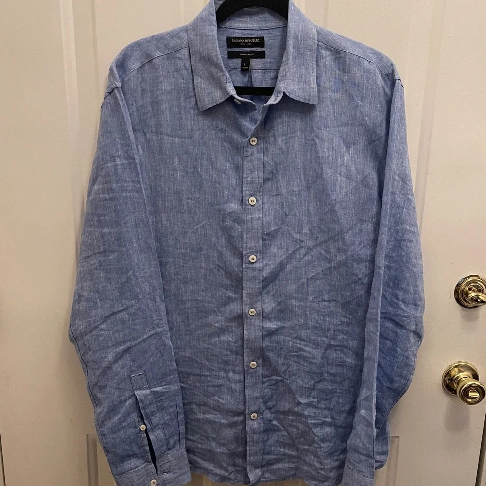 Banana Republic Mens 100% Linen Standard Fit Button Down Shirt Light Blue Large